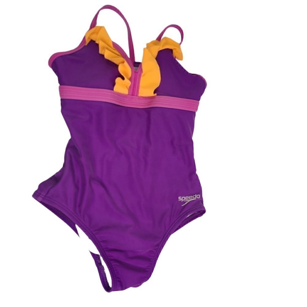 4/$25 Speedo Purple Orange Ruffle Racerback one Piece Size 6 Swimsuit